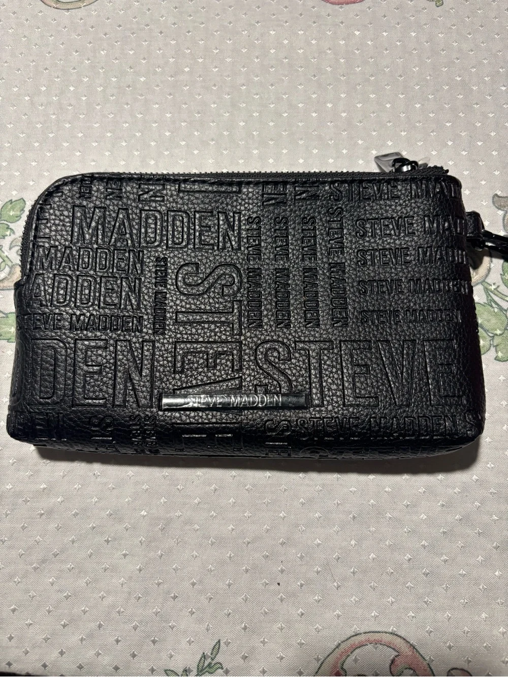 Steve Madden Black Embossed Logo Zip Wallet
